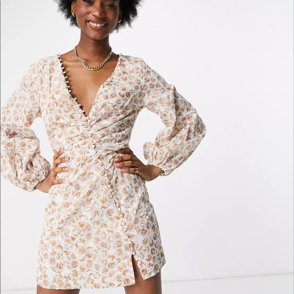 Bardot balloon sleeve button detail mini dress with split in mixed floral print